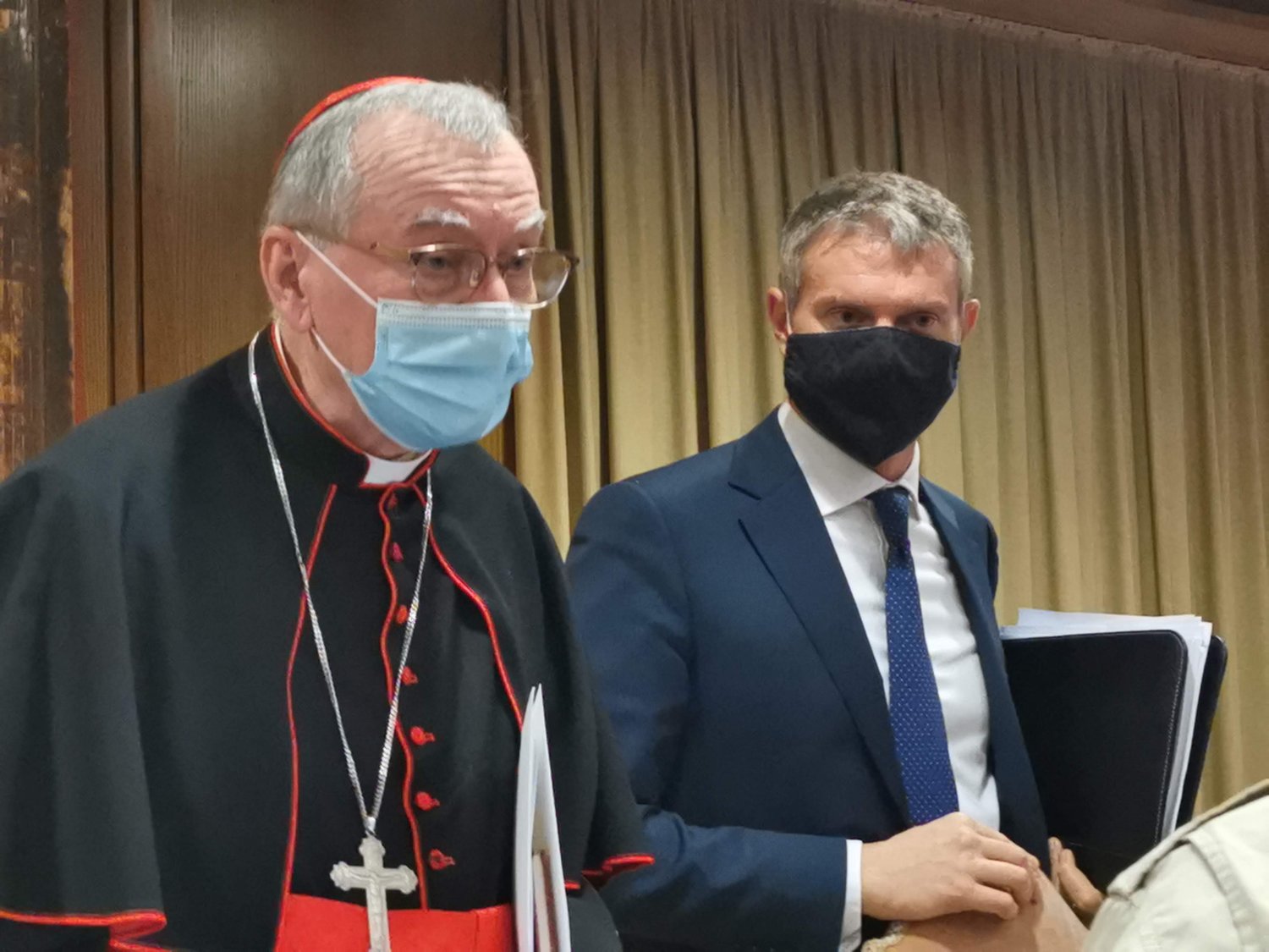 Cardinal Pietro Parolin, Vatican secretary of state, and Matteo Bruni, director of the Vatican Press Office, are pictured during a press conference for the release of Pope Francis' new encyclical, "Fratelli Tutti, on Fraternity and Social Friendship," in the synod hall at the Vatican Oct. 4, 2020.